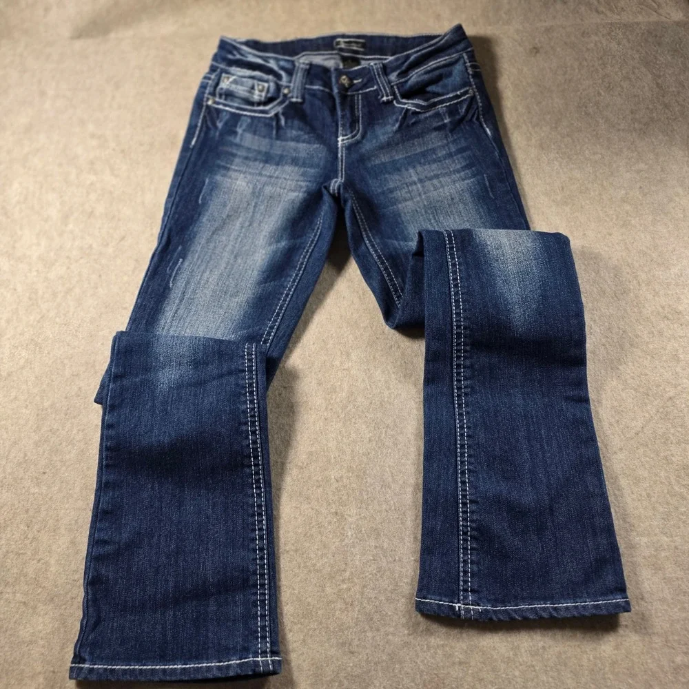 Soundgirl Womens Bootcut Jeans Dark Wash Embroidered Studded Pockets Size 7 Y2K